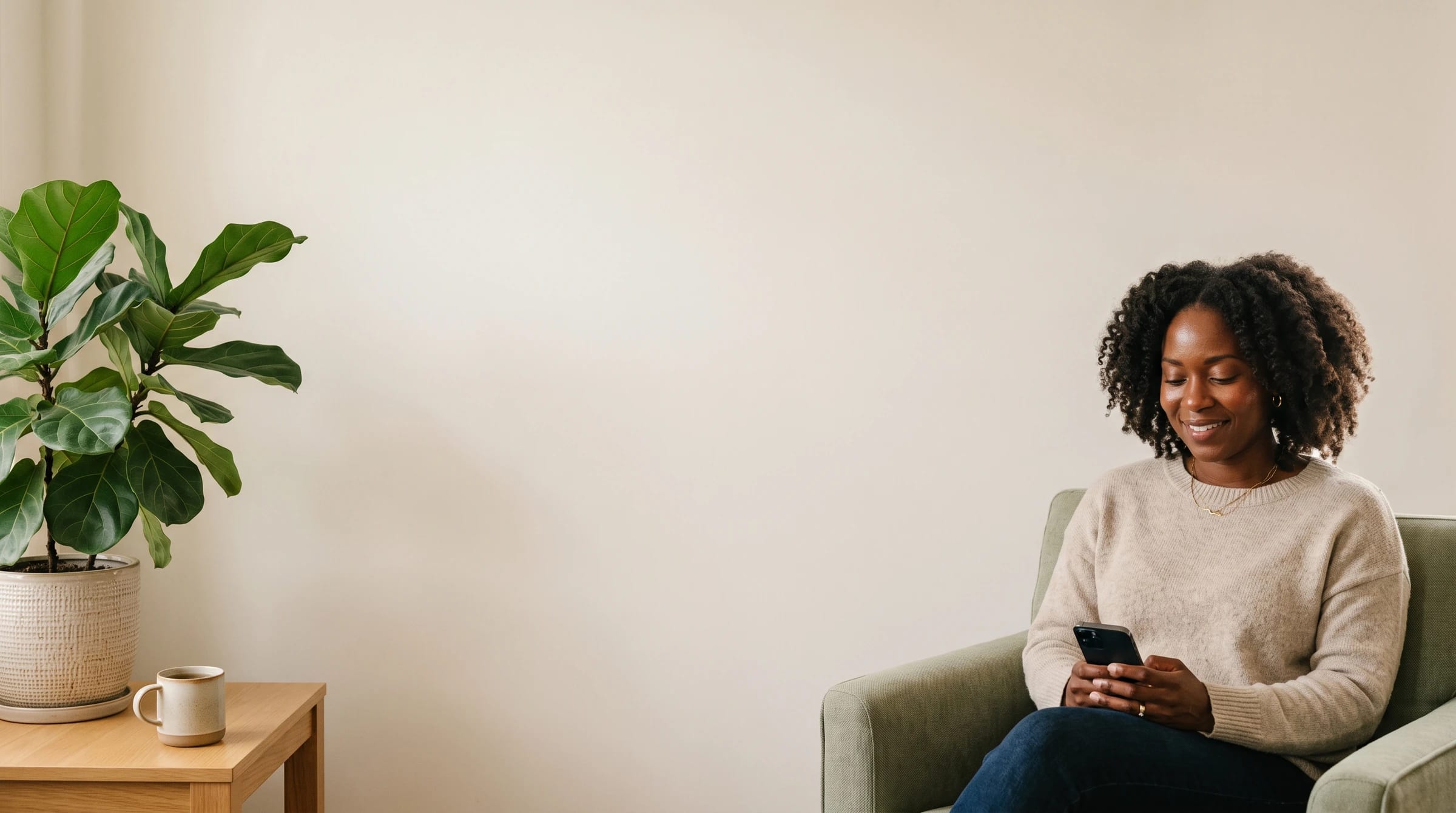 A woman sitting in a green armchair at home, smiling at the phone in her hands, with a fiddle-leaf fig and a mug on a small wooden table beside her against a plain wall.