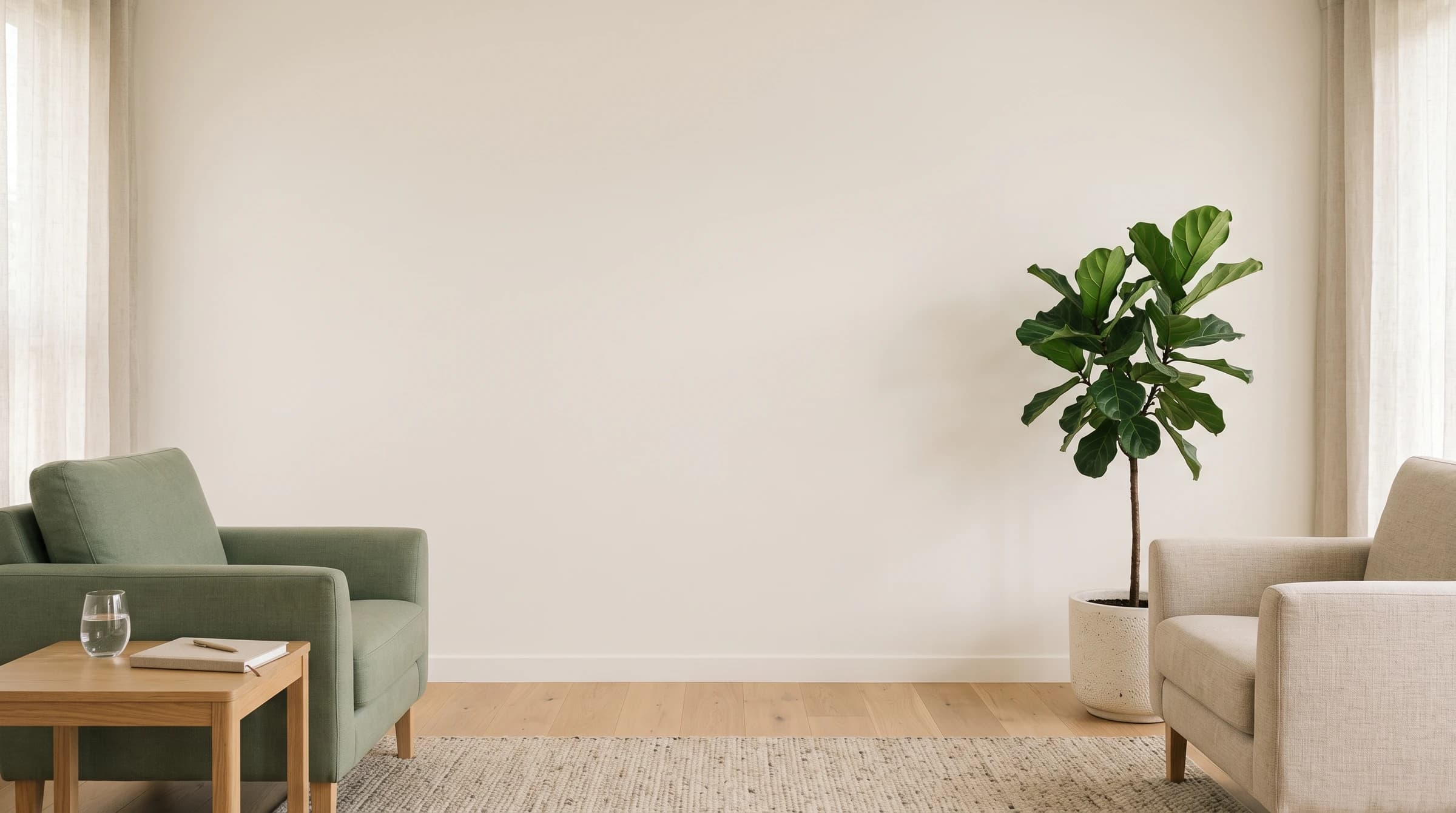 An empty sitting room with a green armchair and a cream armchair at either side, a side table holding a glass of water and an open notebook, and a potted fig tree against a plain wall.