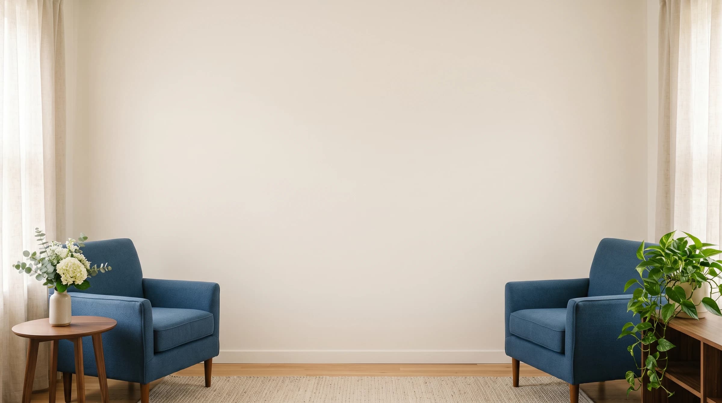 An empty sitting room with a blue armchair at either side, a side table of white flowers on the left and a trailing plant on a cabinet on the right, against a plain wall between curtained windows.