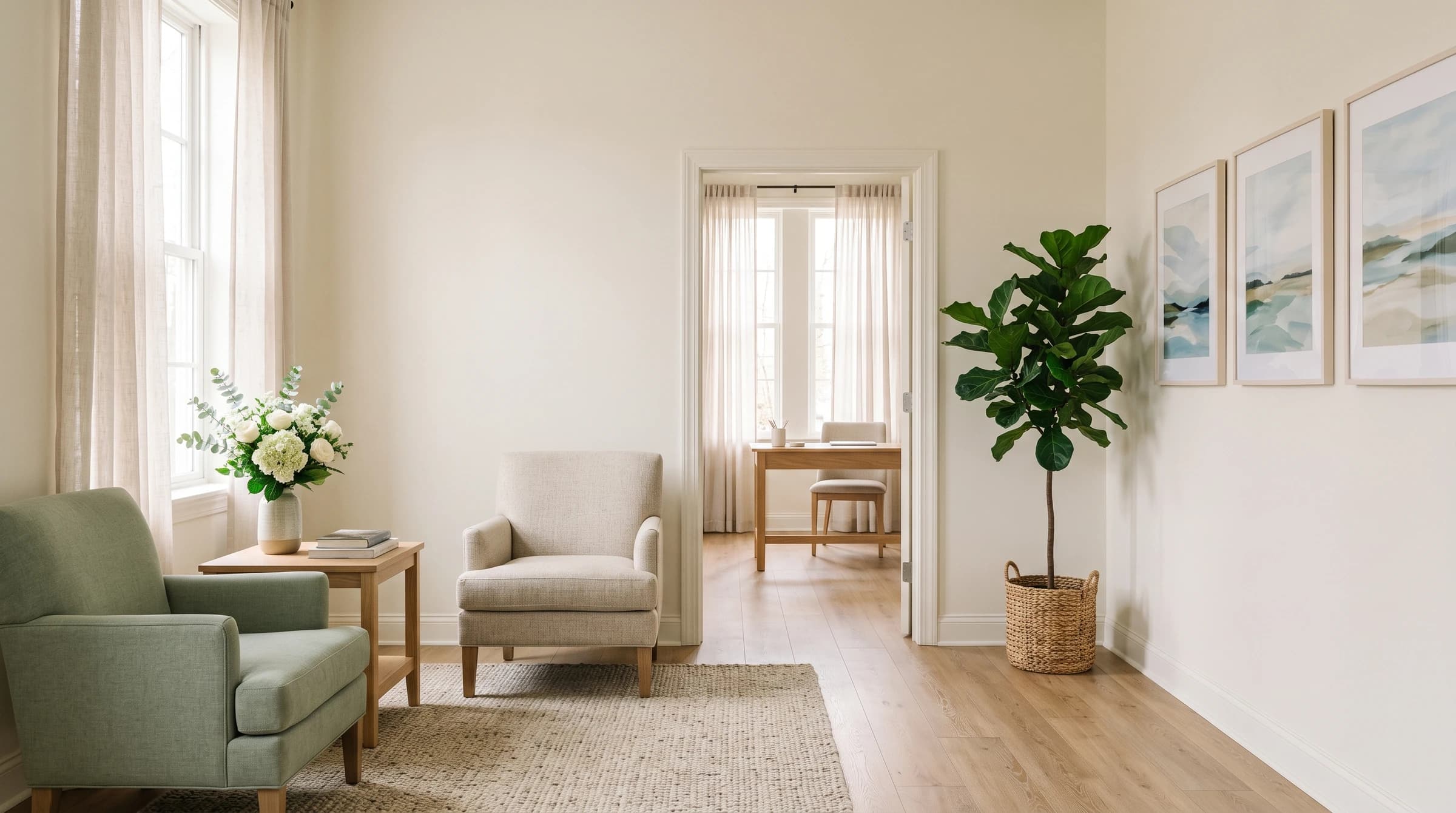An empty waiting room with upholstered armchairs around a jute rug, a side table holding flowers and books, a potted fig tree, and an open doorway to a desk beyond.