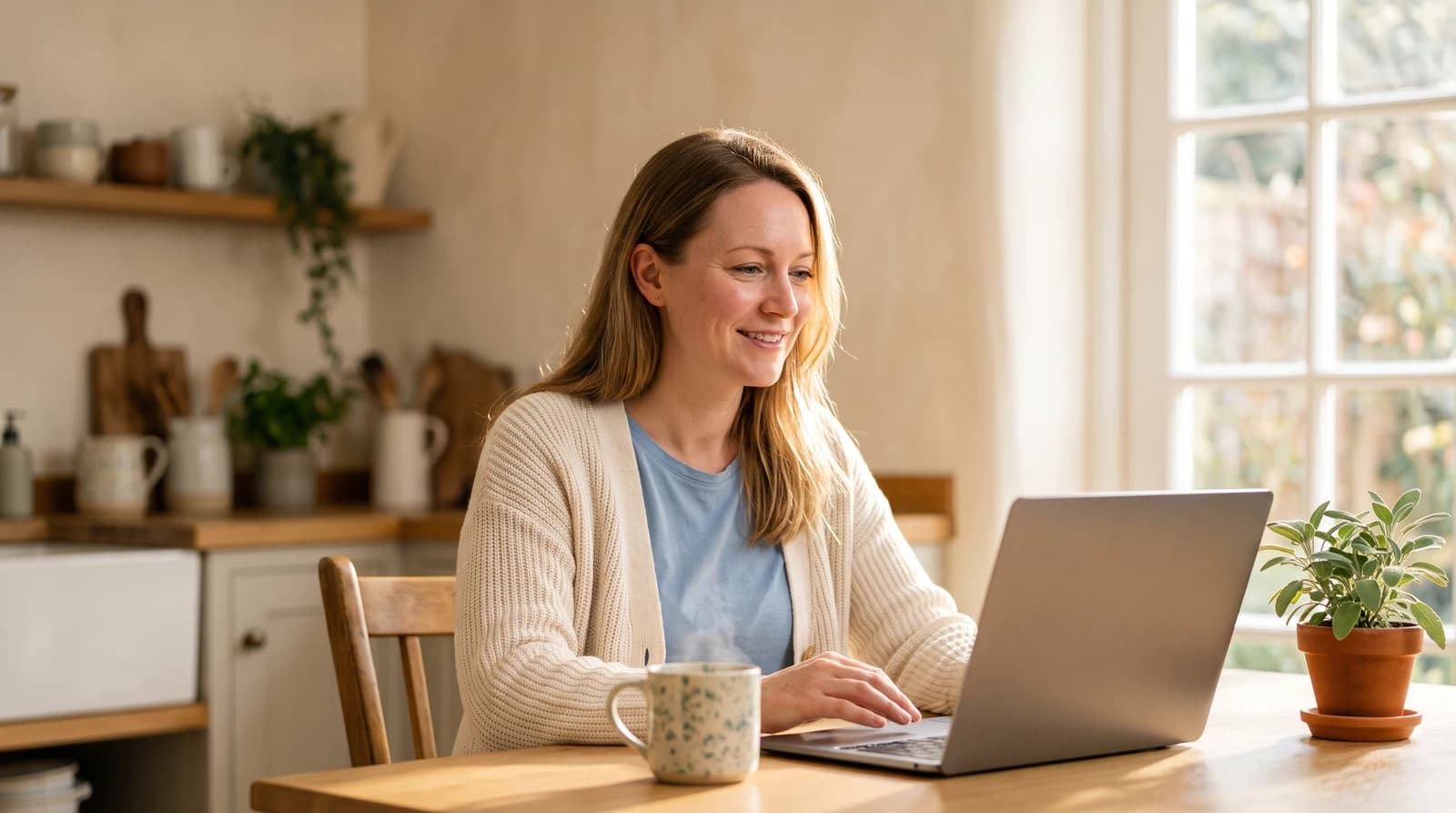 A woman smiling at an open laptop at a kitchen table, a mug beside her.