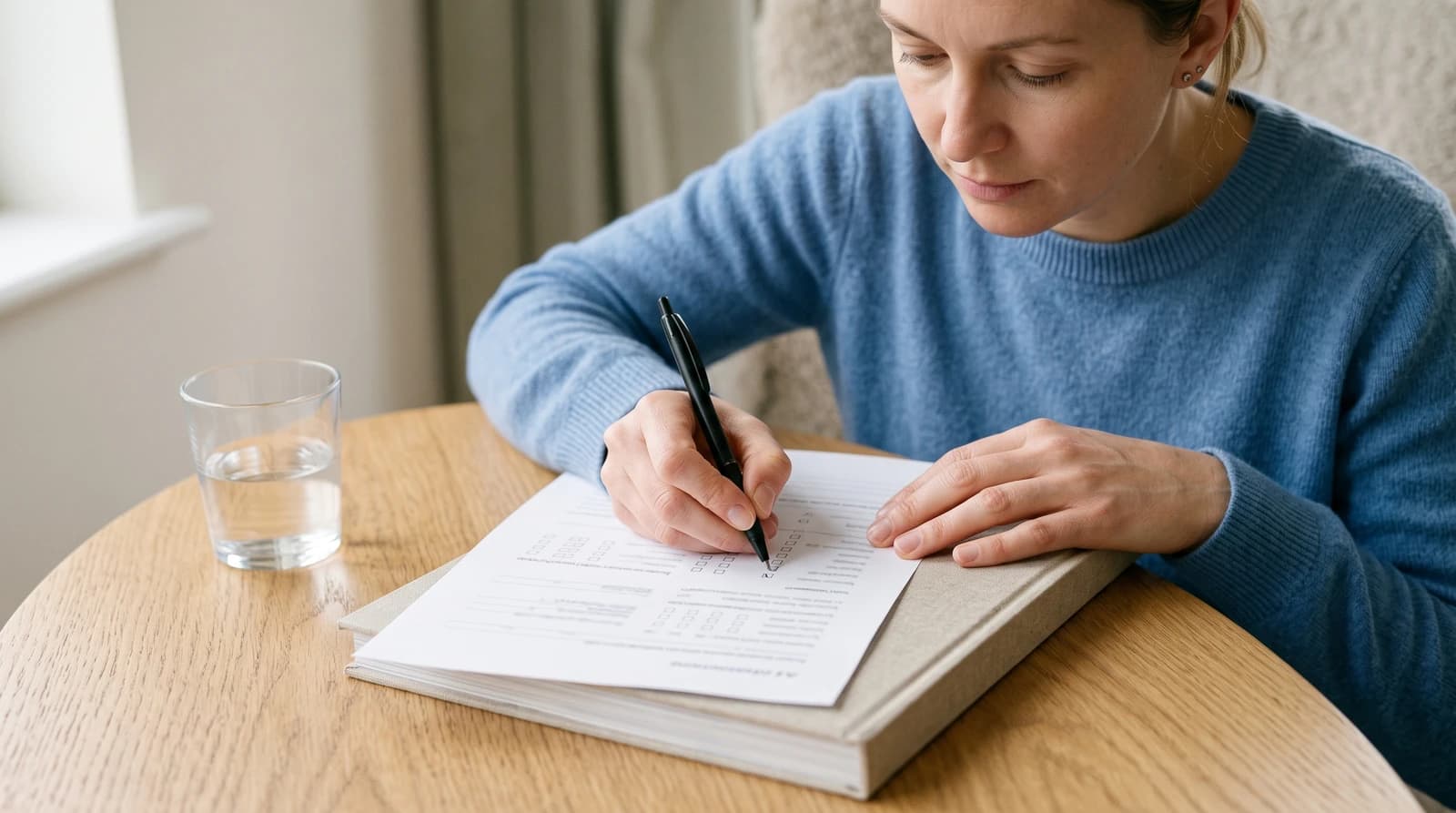 A woman filling out a printed questionnaire with a pen at a wooden table.