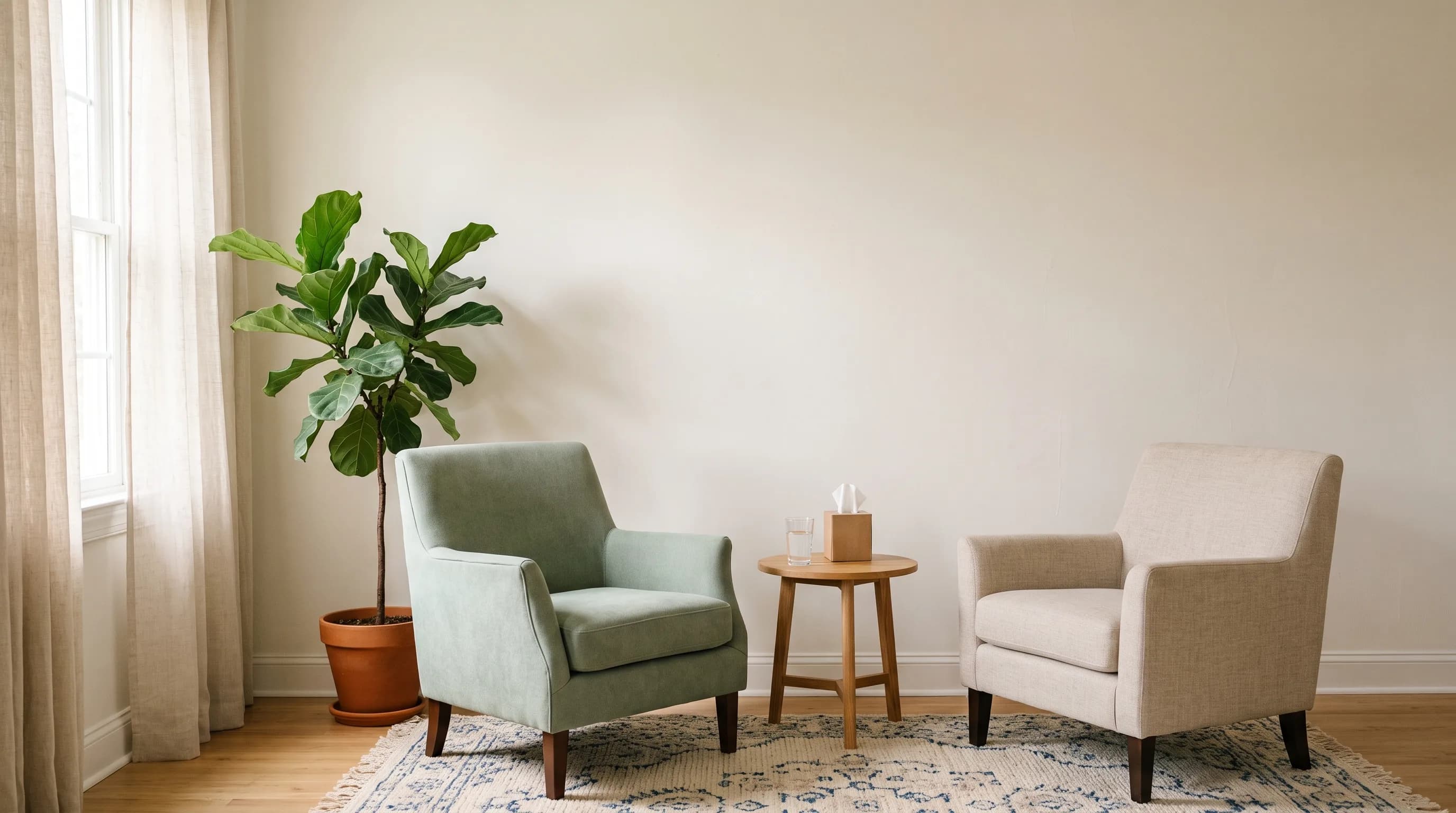 A quiet consulting room with two armchairs turned toward each other across a small wooden side table, beside a curtained window.