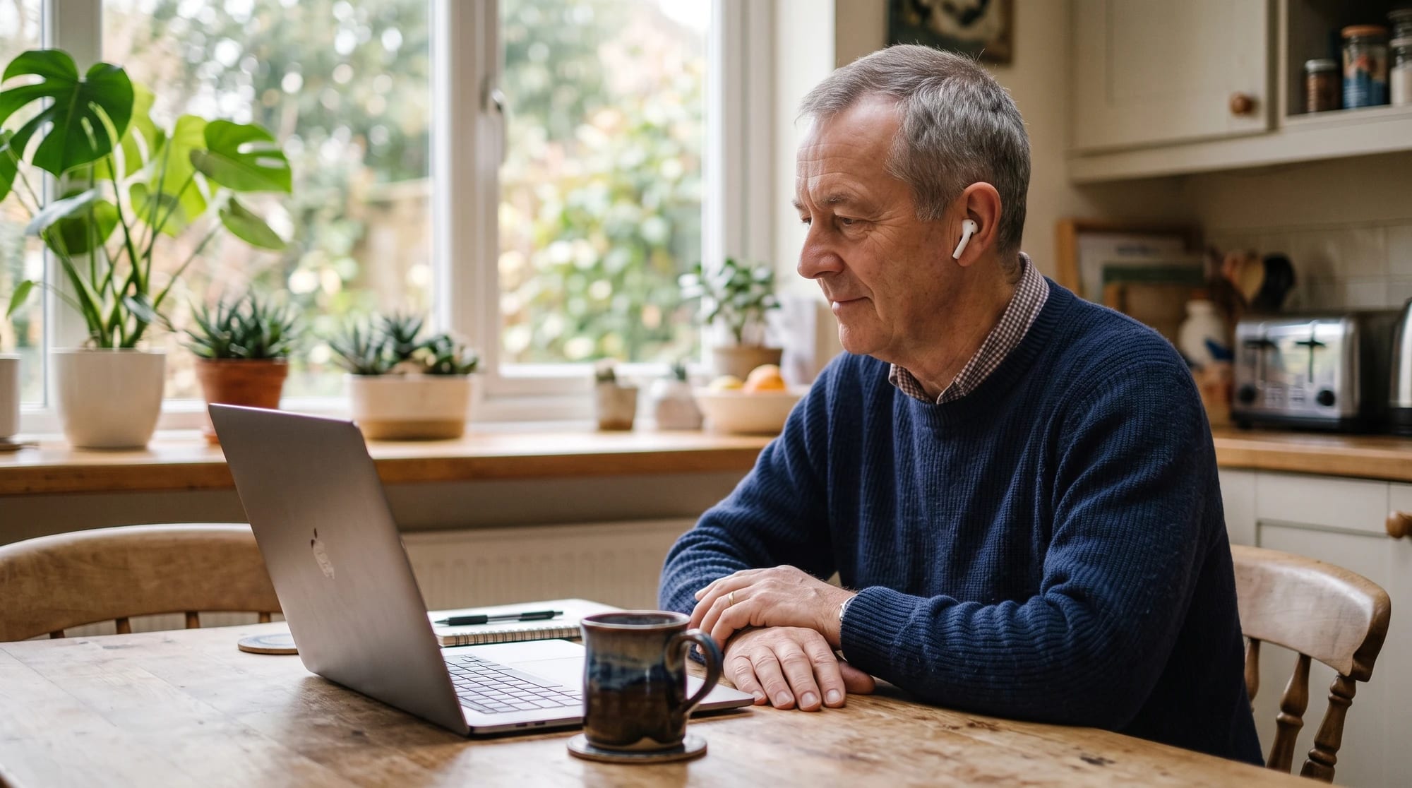 An older man sitting at a kitchen table looking at an open laptop, wearing a wireless earbud, a mug beside him.