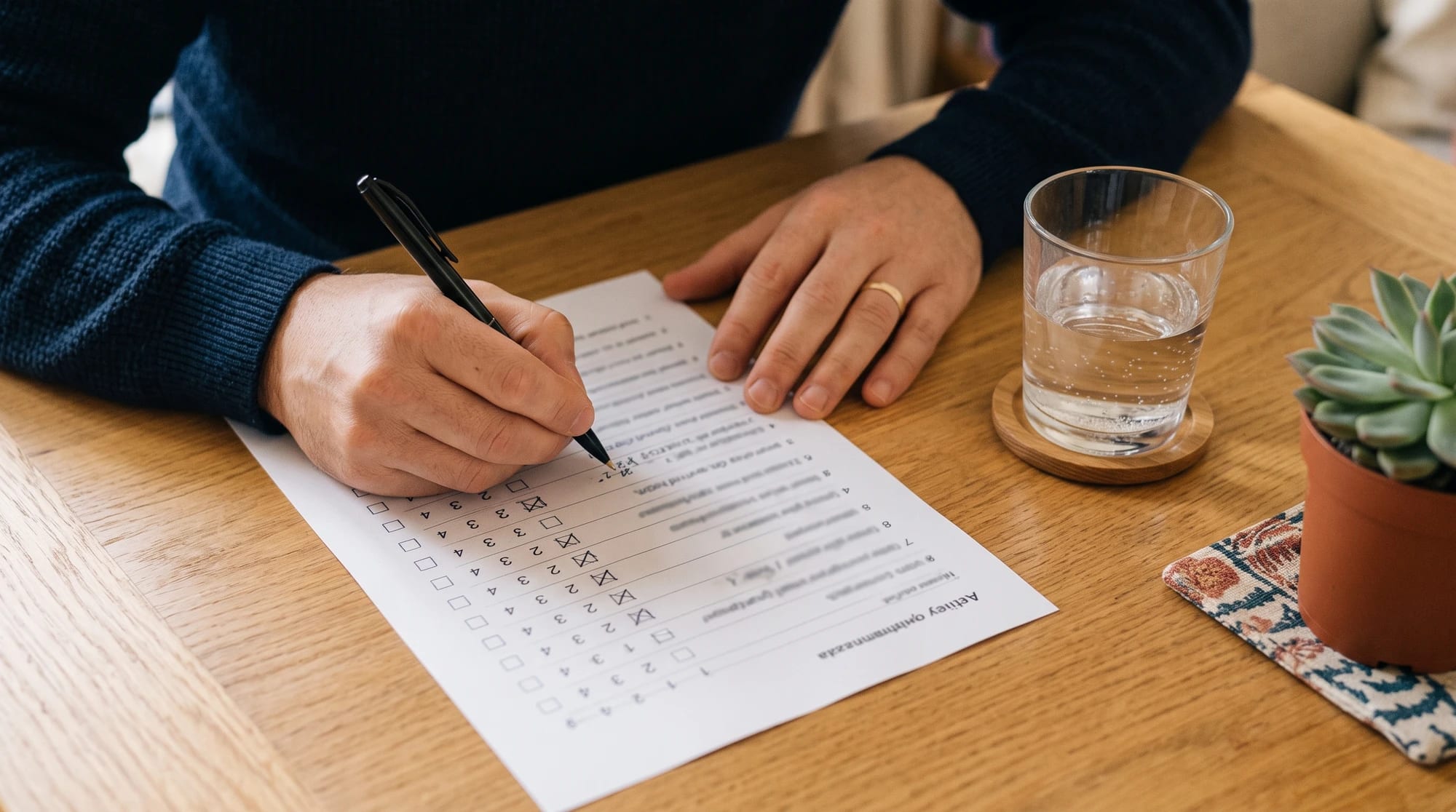 A person filling out a printed checkbox questionnaire with a pen at a wooden table, a glass of water beside them.