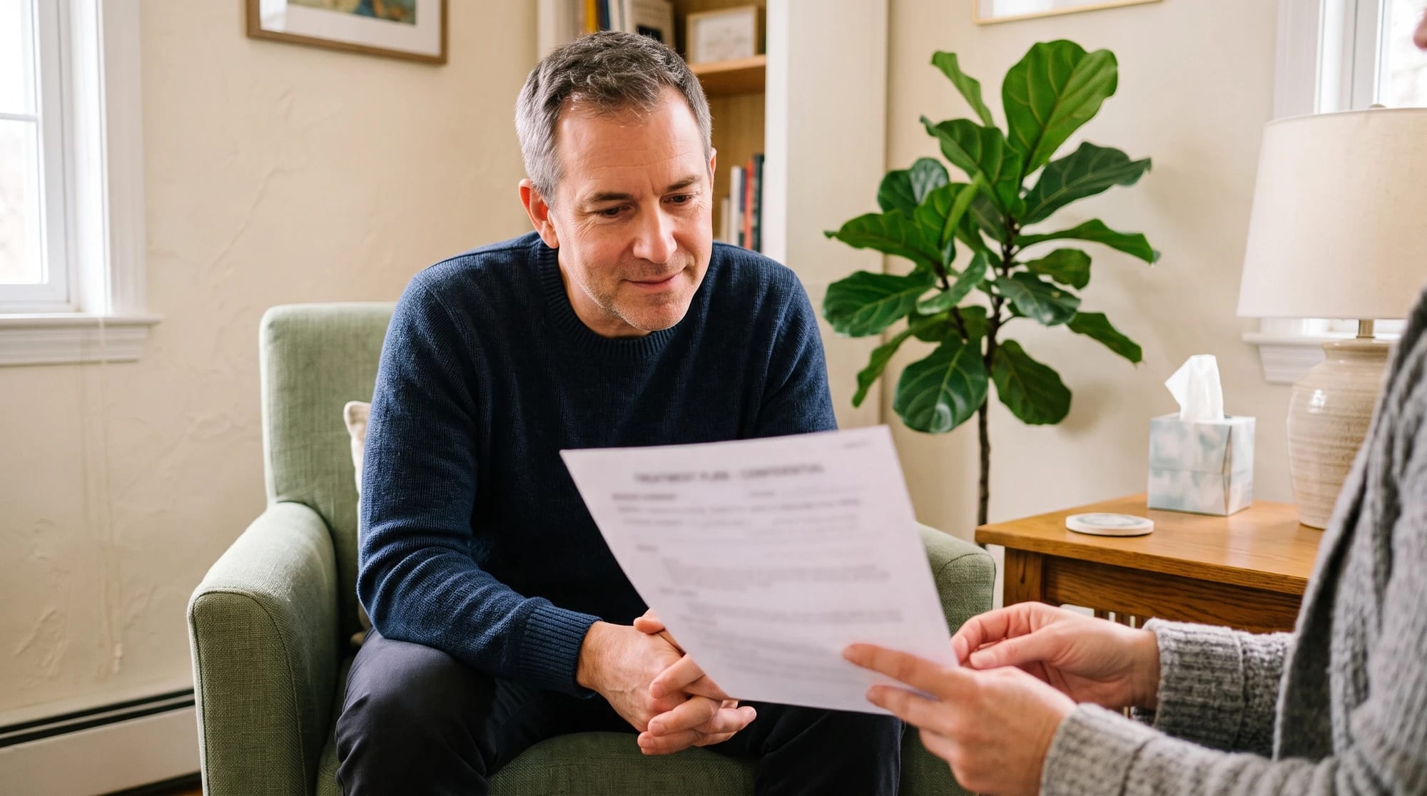 A man sitting in an armchair taking a printed treatment plan from the hands of a person seated opposite him.