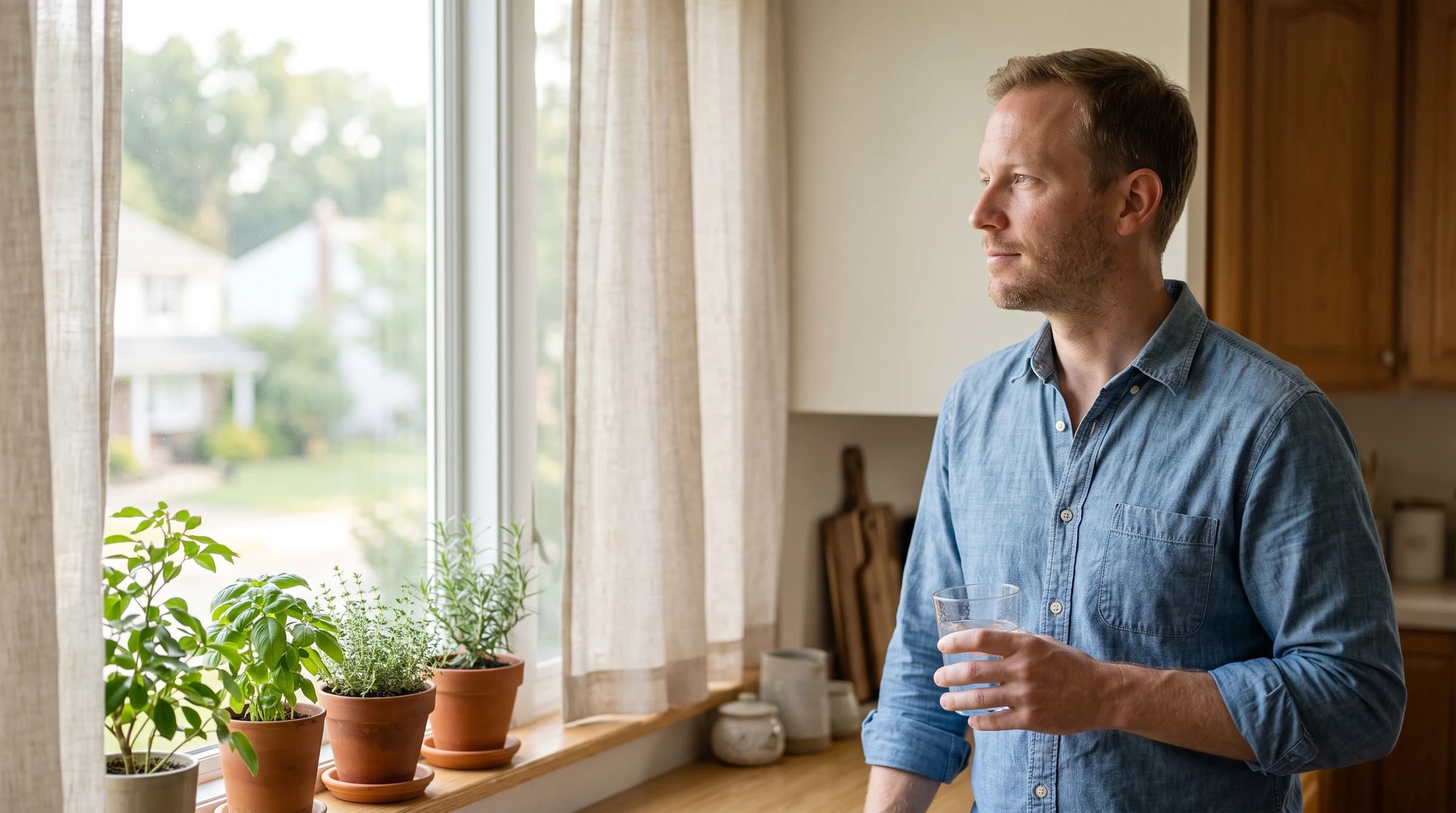A man standing at a kitchen window with a glass of water, looking out, with potted herbs on the sill beside him.