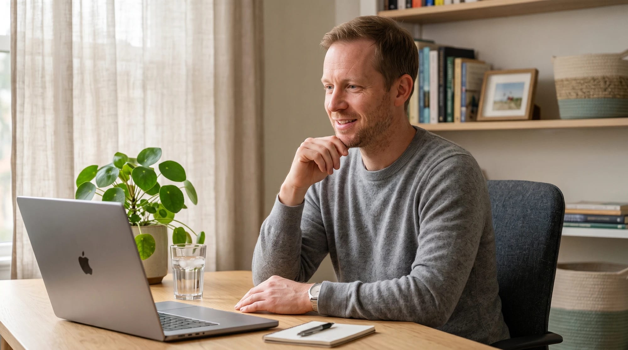 A man sitting at a desk looking at an open laptop with his hand to his chin, a glass of water and a notebook beside him.