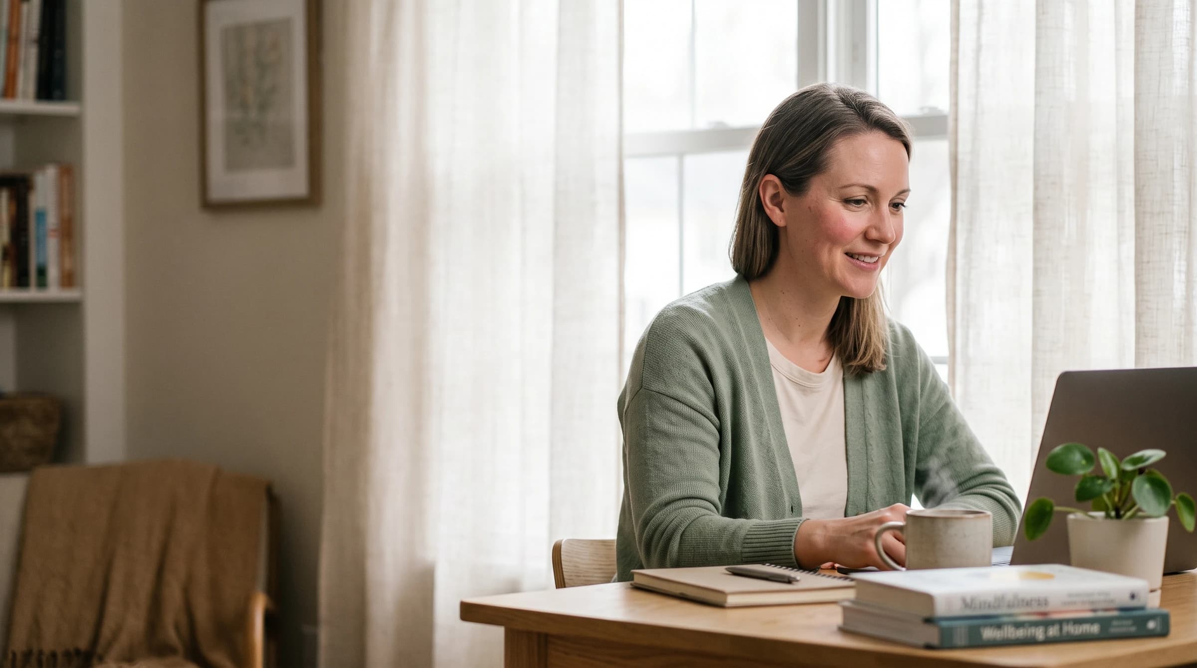 A woman sitting at a wooden table at home, smiling at an open laptop, with a mug, a notepad, and a stack of books beside her and a curtained window behind.