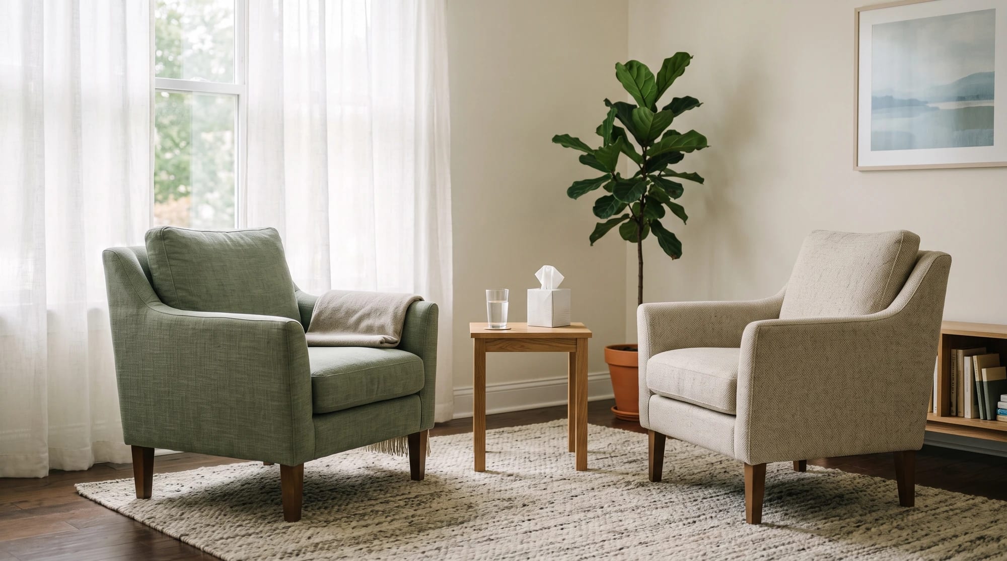 An empty consulting room with two armchairs turned toward each other across a small wooden side table holding a tissue box and a glass of water.