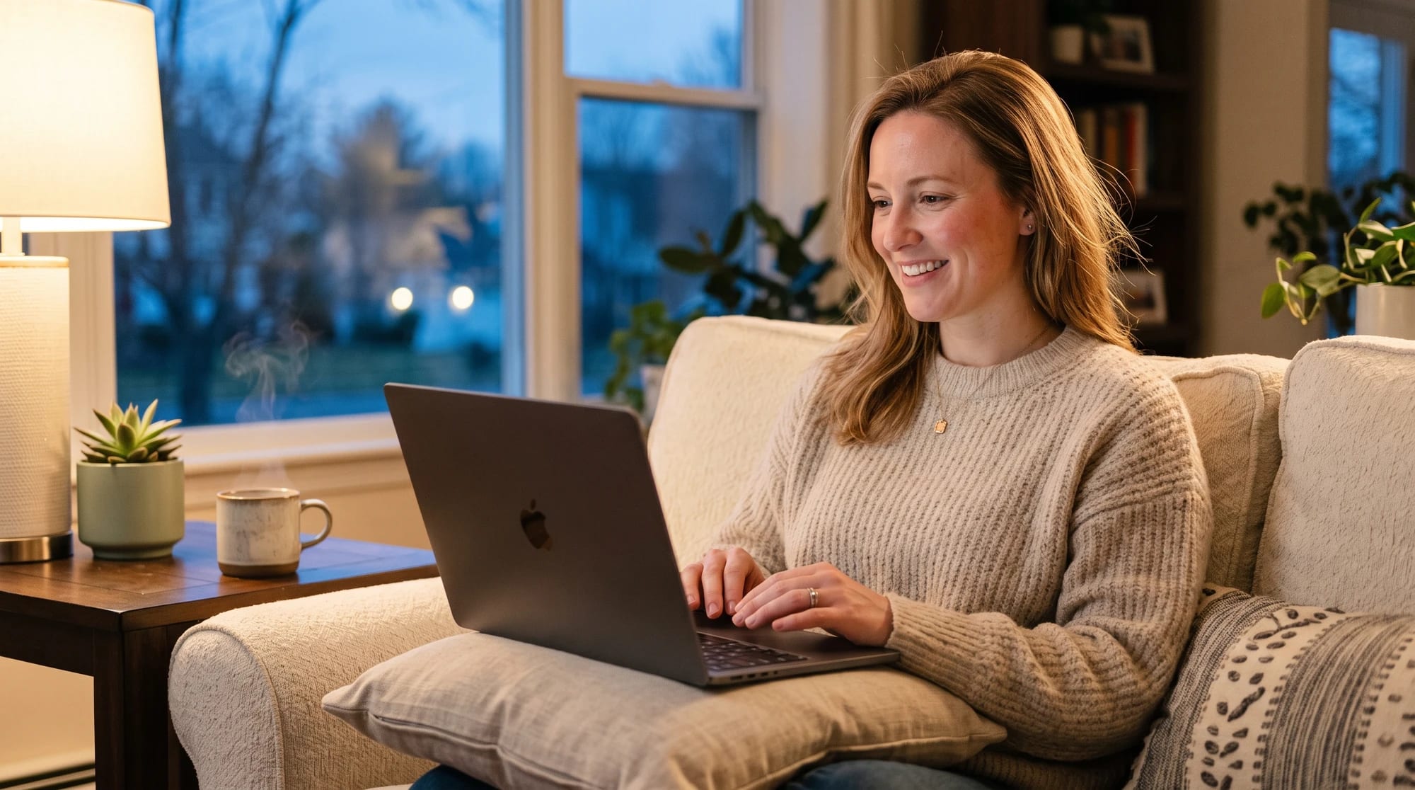 A woman sitting on a sofa with a laptop on her lap, smiling at the screen, a lit lamp and a mug on the side table and dusk outside the window.