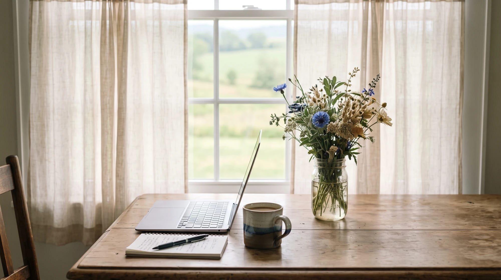 An open laptop on a wooden table beside a notebook and pen, a mug, and a jar of wildflowers, with a window onto open fields behind.