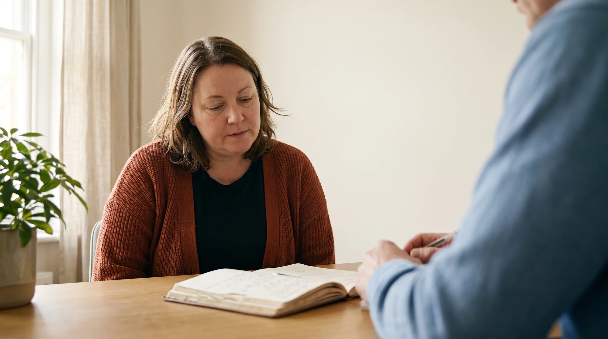 A woman in a rust-colored cardigan sitting at a wooden table, looking down at an open handwritten notebook while someone opposite her writes in it.