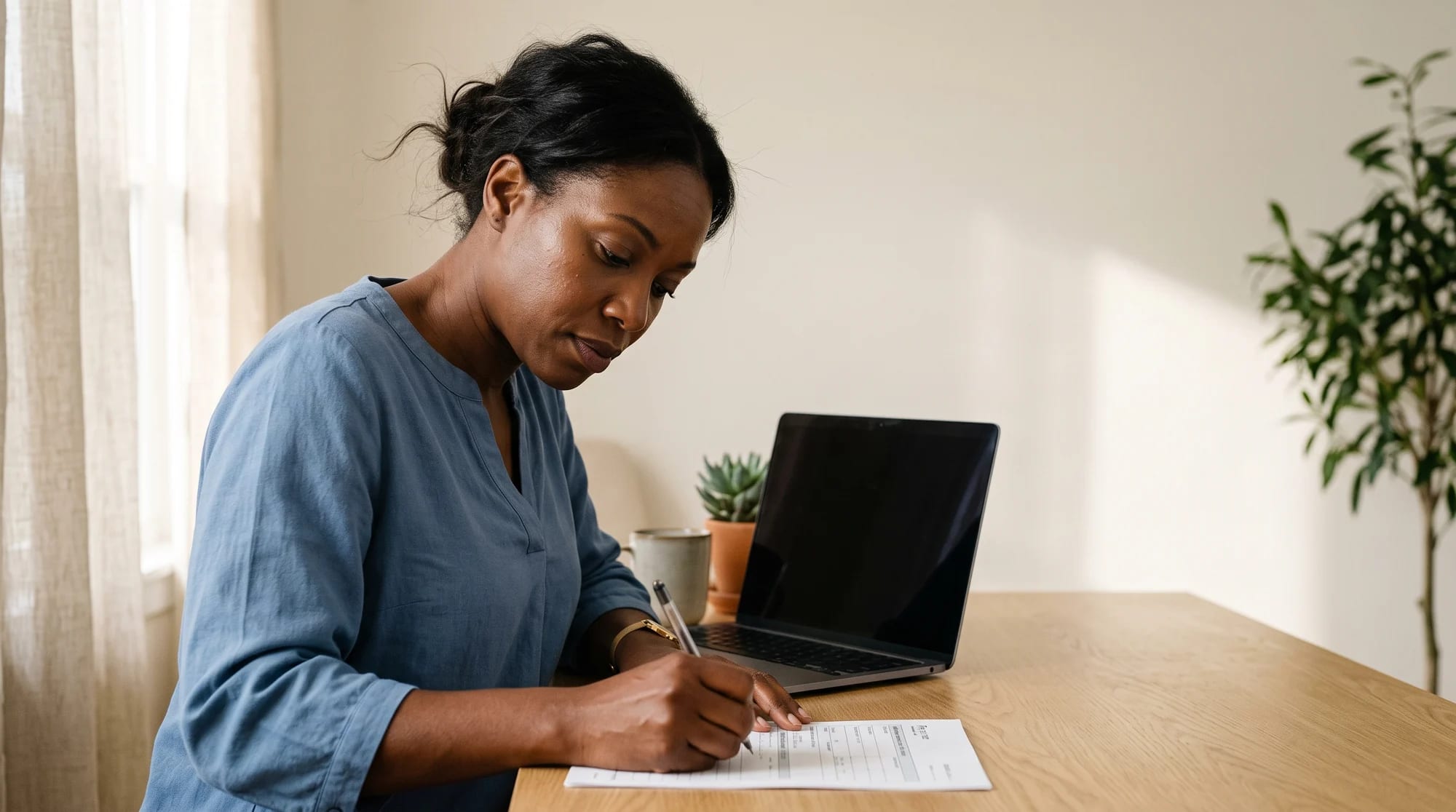 A woman in a blue blouse writing on a printed form at a light wooden desk, a laptop with a dark screen and a small potted plant beside her.
