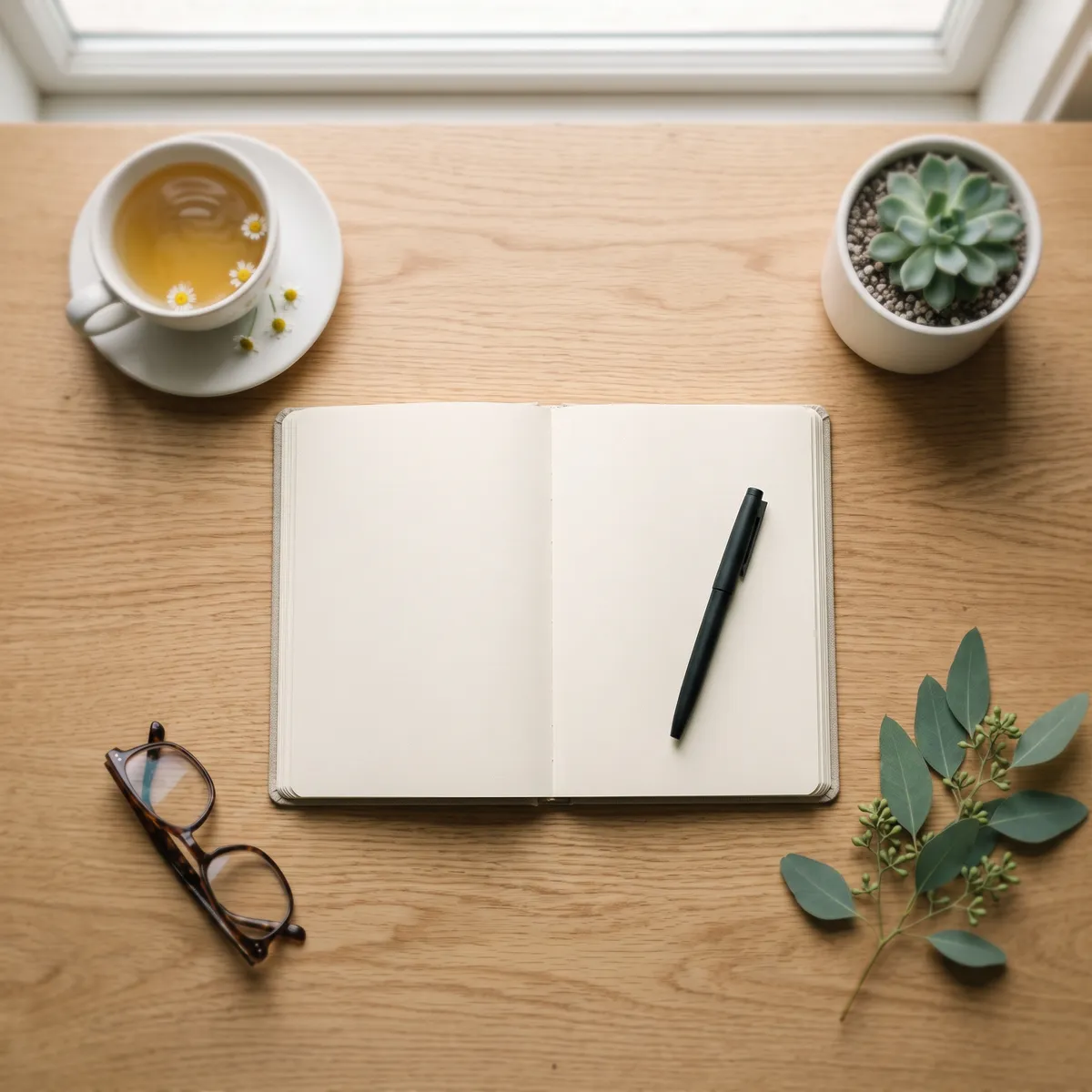 An open notebook and a pen on a desk, beside a cup of tea, a pair of glasses, and a small plant.